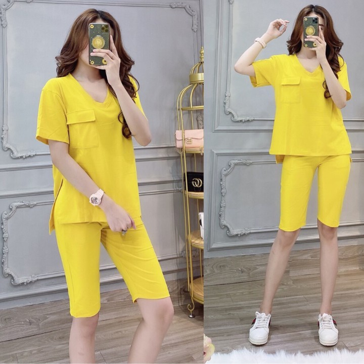 Bộ Đồ Nữ Thun Cotton Cao Cấp Quần Lửng Áo Cổ Tim Ngắn Tay Xẻ Tà Cá Tính Mẫu Mới 2020- Hàng Có Sẵn