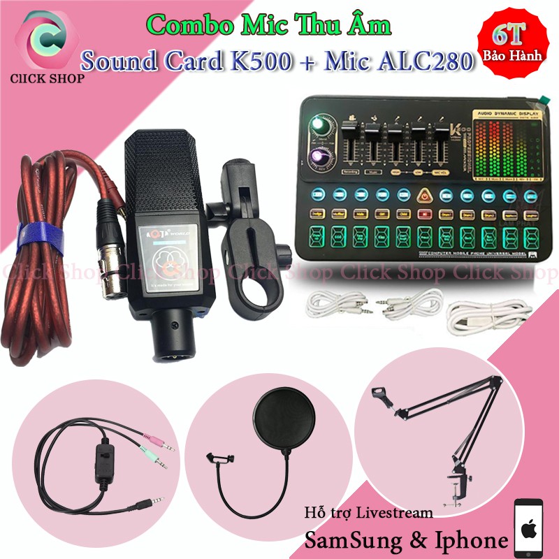 Bộ Mic Thu Âm Aqta ALC280 và Sound Card K500 Có Auto-Tune Hỗ Trợ Bluetooth Kèm Dây Livestream MA2 Chân Kẹp Màng Lọc