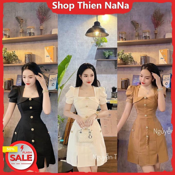 Đầm Nữ , Đầm Dự Tiệc Cổ Bầu Tay Phồng Đính Cườm Dọc Ôm Eo Kiểu Sẻ Đùi 2 Bên Chất Cotton Lạnh Có Mút Dáng Thanh Lịch