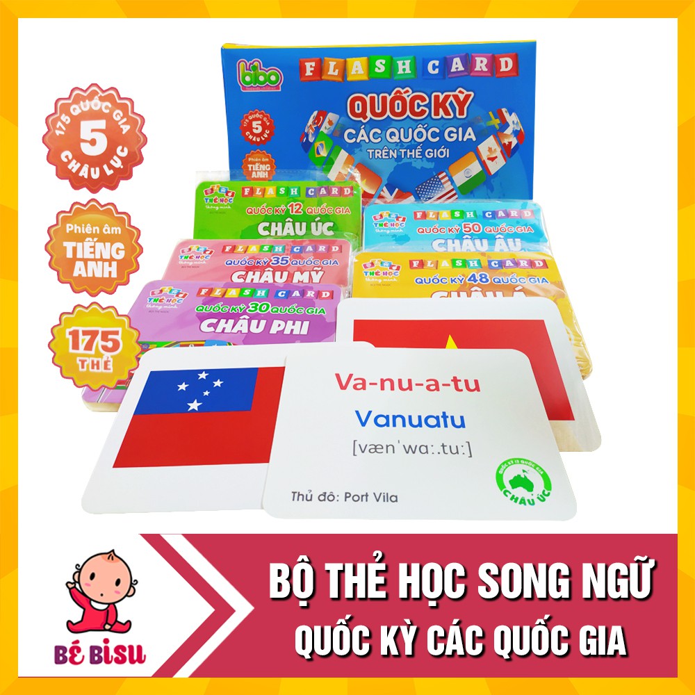 Bộ Thẻ học song ngữ QUỐC KỲ các quốc gia trên thế giới - 175 thẻ kèm ảnh sinh động cho  bé