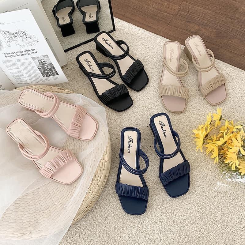 Sandal nữ Huiistore 3 phân phân quai mảnh gót vuông mũi vuông thời trang hàn quốc nhiều màu