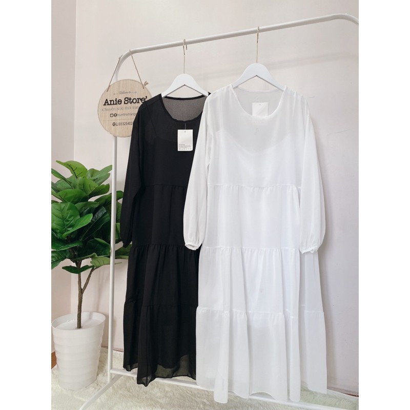 Đầm Midi Trắng Viền Tầng Dài Tay 2 Màu