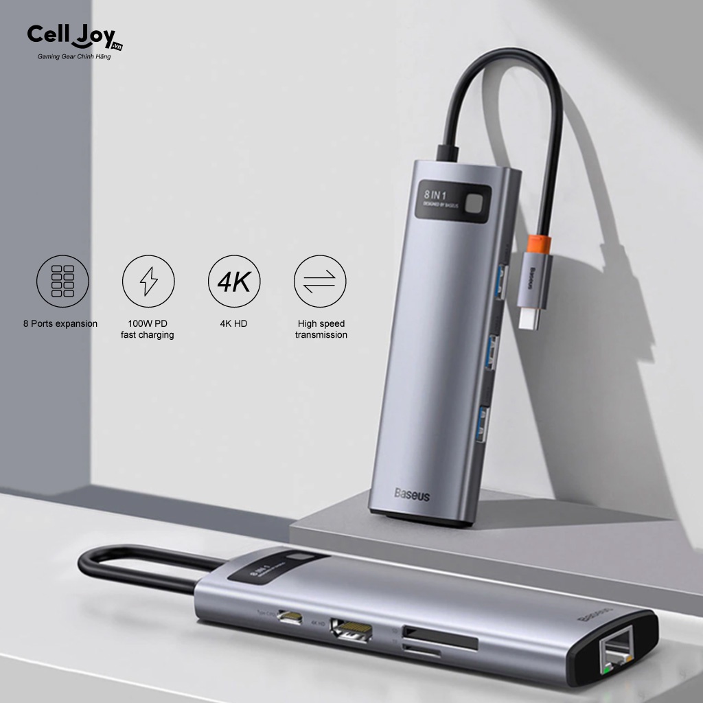 Hub chuyển đổi Type-C cho Macbook Air/Pro/iPad/Surface, điện thoại USB-C Baseus 8 in 1 to HDMI/ USB 3.0/ LAN/ SD/TF