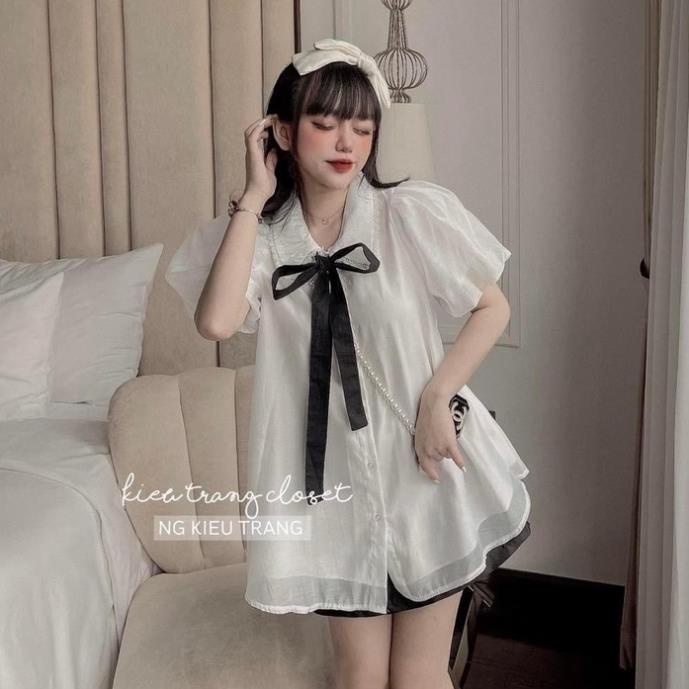 Áo Sơ Mi Ren Tơ Trắng - Áo Bầu Dáng Babydoll Kèm Nơ Tiểu Thư - Trahana Shop