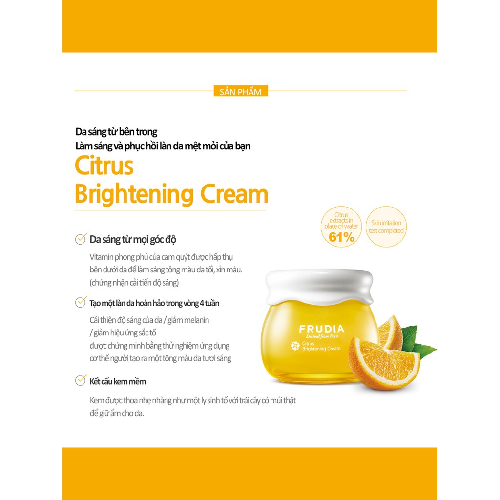 [Tặng 88k]  Kem Dưỡng Ẩm Giúp Làm Sáng Da Chiết Xuất Cam Quýt Frudia Citrus Brightening Cream 10g