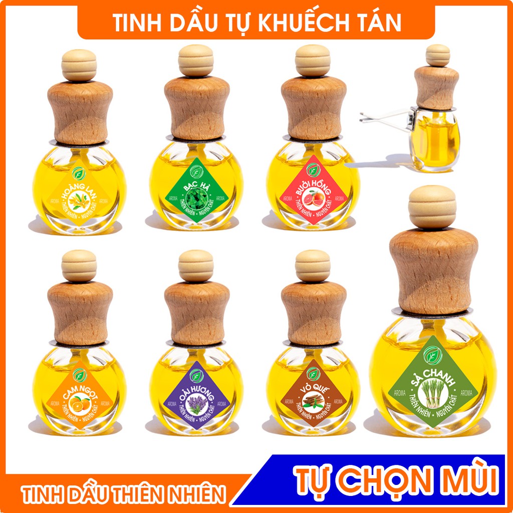 Tinh dầu AROMA tự khuếch tán thơm phòng, chai tròn dẹp có kẹp treo, nhiều mùi tự chọn 8ml