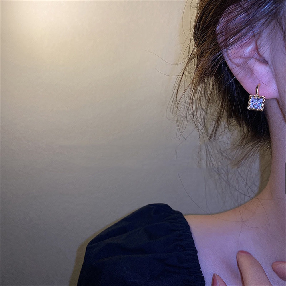 Bông tai vuông đính đá đen/trắng thời trang cho nữ