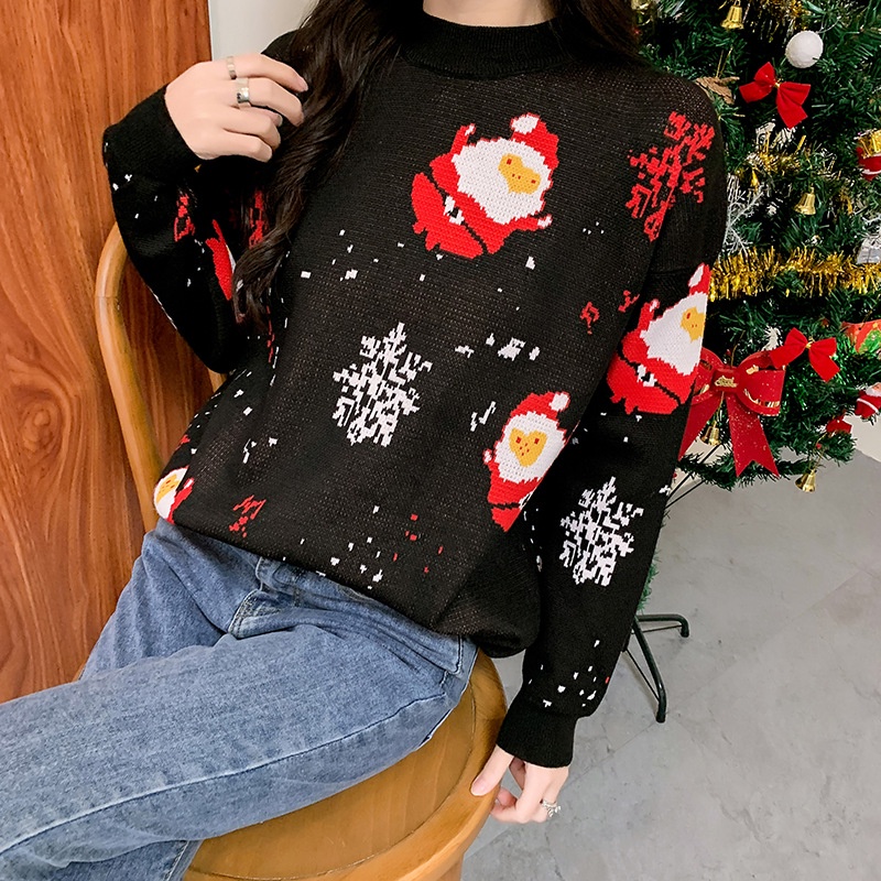 Áo sweater IELGY tay dài cổ tròn in họa tiết giáng sinh màu đỏ/ đen thời trang dành cho nữ