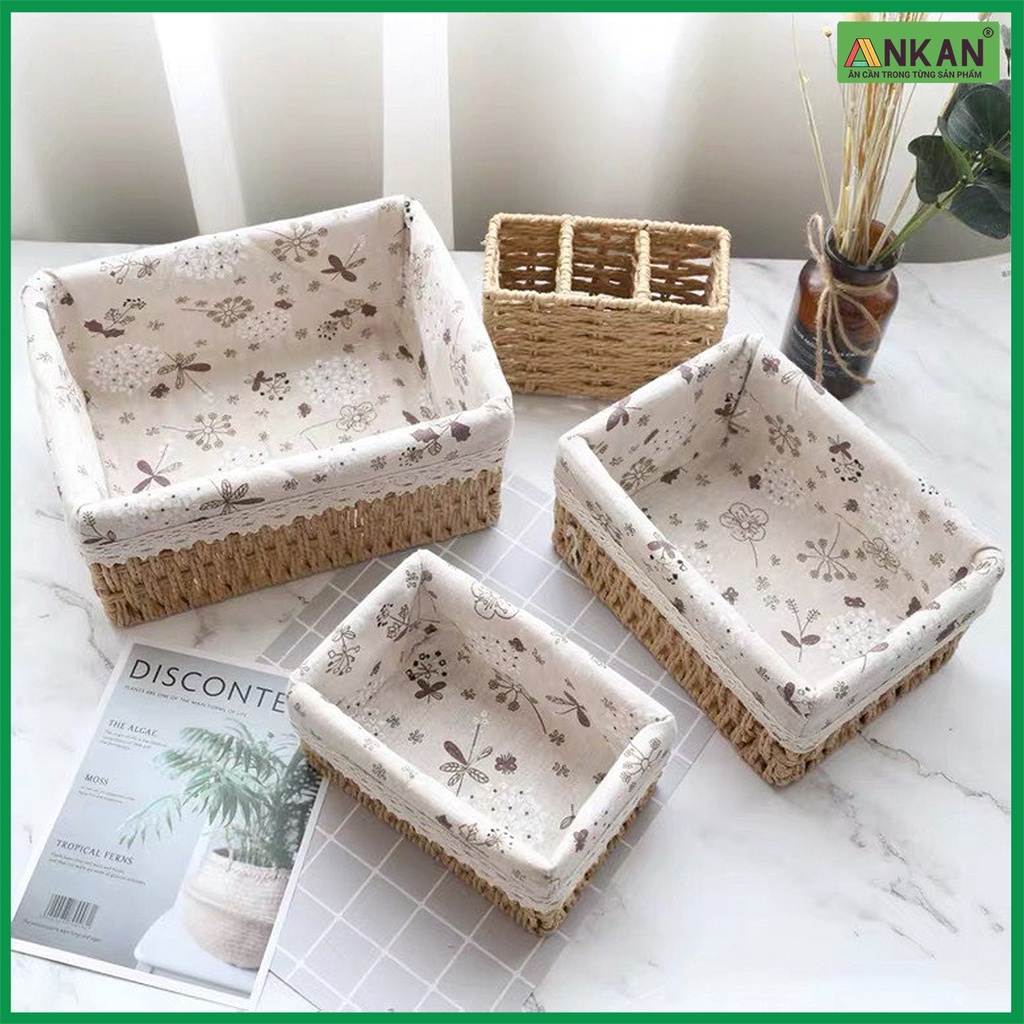 Giỏ Cói, Rổ Cói Vintage Có Vải Lót Hình Chữ Nhật - Phù Hợp Để Phòng Khách, Đựng Đồ Trang Trí Bàn Làm Việc