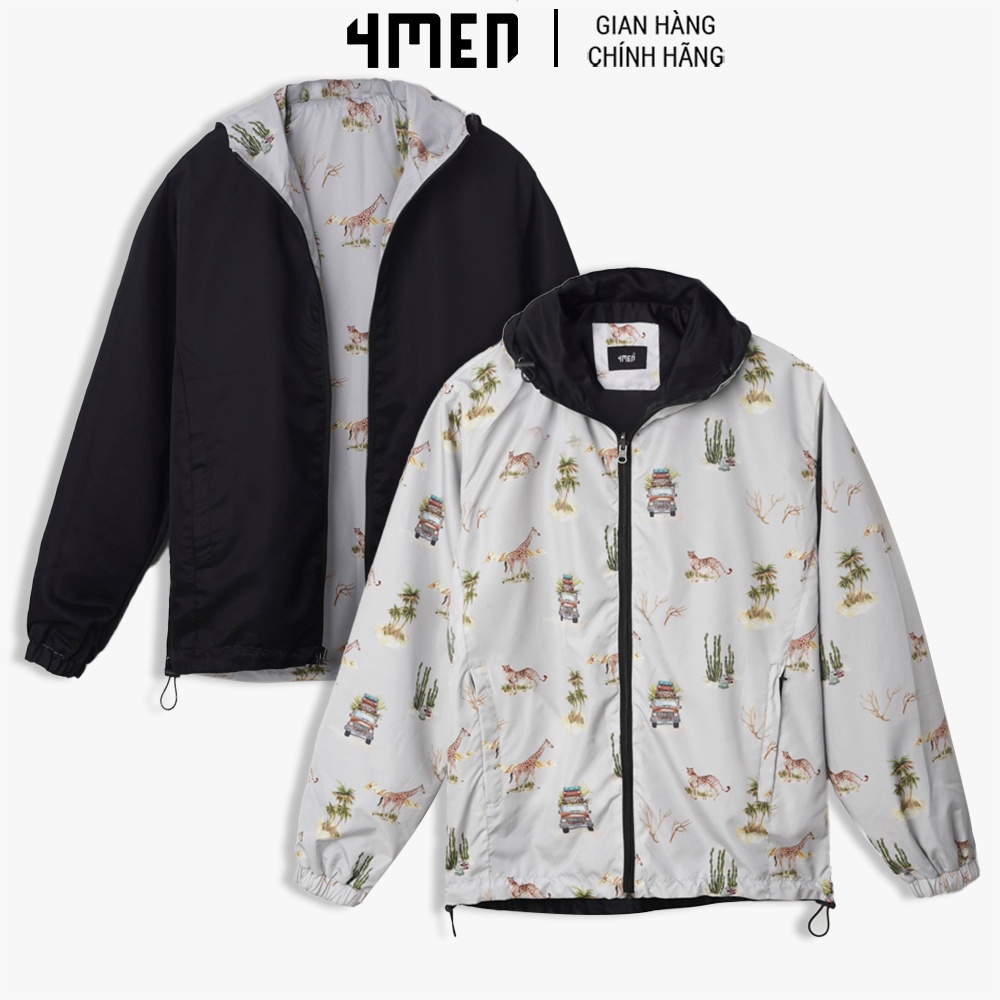 Áo khoác dù nam có nón 4MEN AK029 vải dù nhẹ bền, may 2 lớp dày dặn, họa tiết trẻ trung, khóa kéo tiện dụng