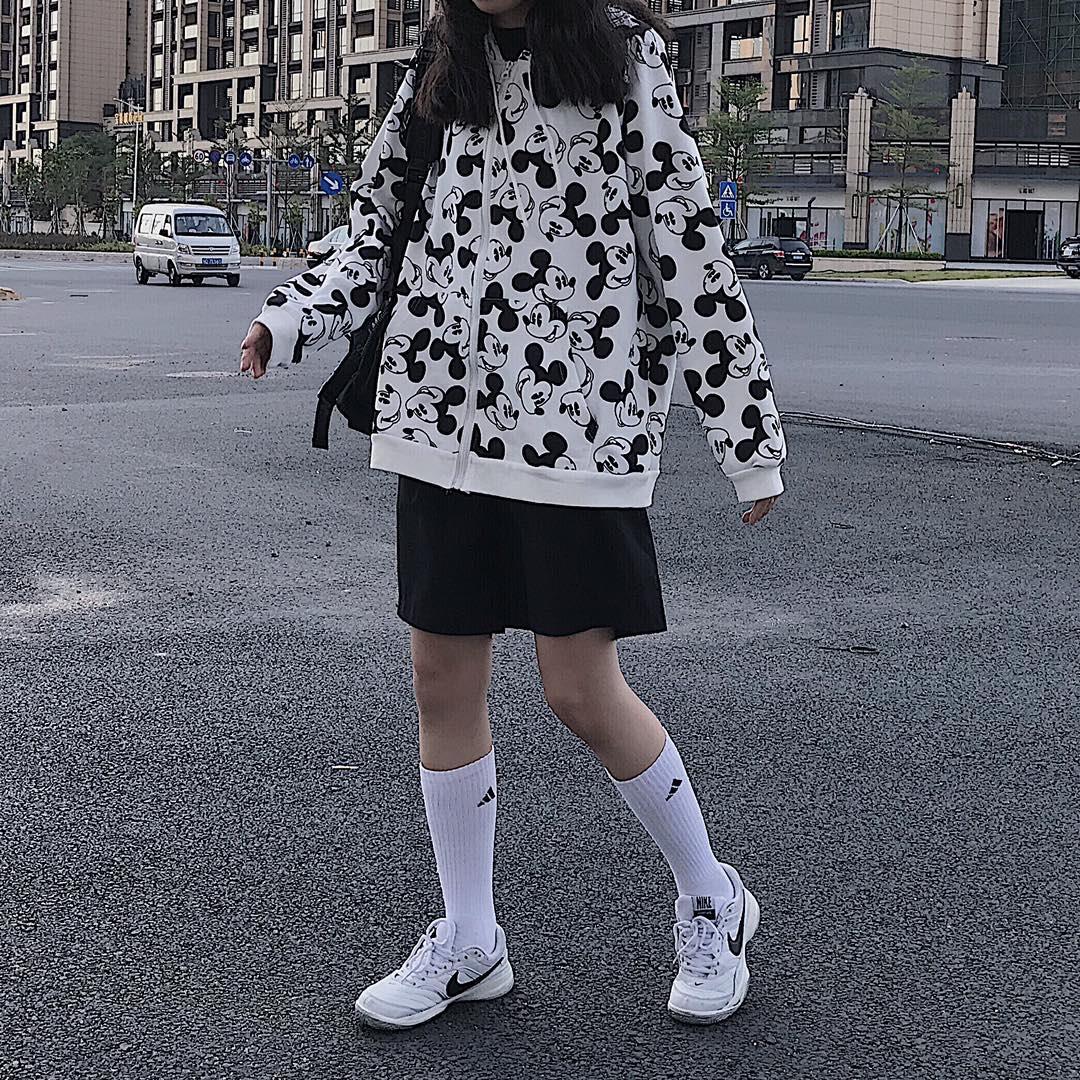 Áo hoodie dài tay in hình chuột mickey có khóa kéo thiết kế đáng yêu cho nữ size s- 2xl