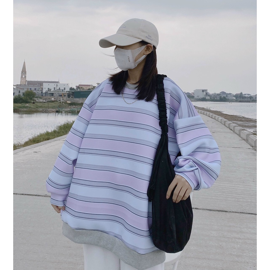 Áo sweater kẻ sọc 5d oversize form rộng chất liệu nỉ ngoại unisex nam nữ