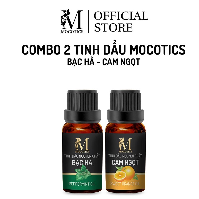 Tinh dầu xông phòng và đuổi muỗi cao cấp Mocotics gồm 2 lọ tinh dầu: Tinh dầu bạc hà (10ml) + Tinh dầu Cam (10ml)