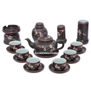 Bộ ấm chén Bát Tràng kim quy khắc hoa mai - đầy đủ phụ kiện(Đen)