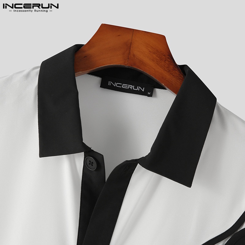 Áo sơ mi INCERUN tay ngắn dáng rộng kết hợp màu sắc trắng và đen phong cách đường phố cá tính dành cho nam
