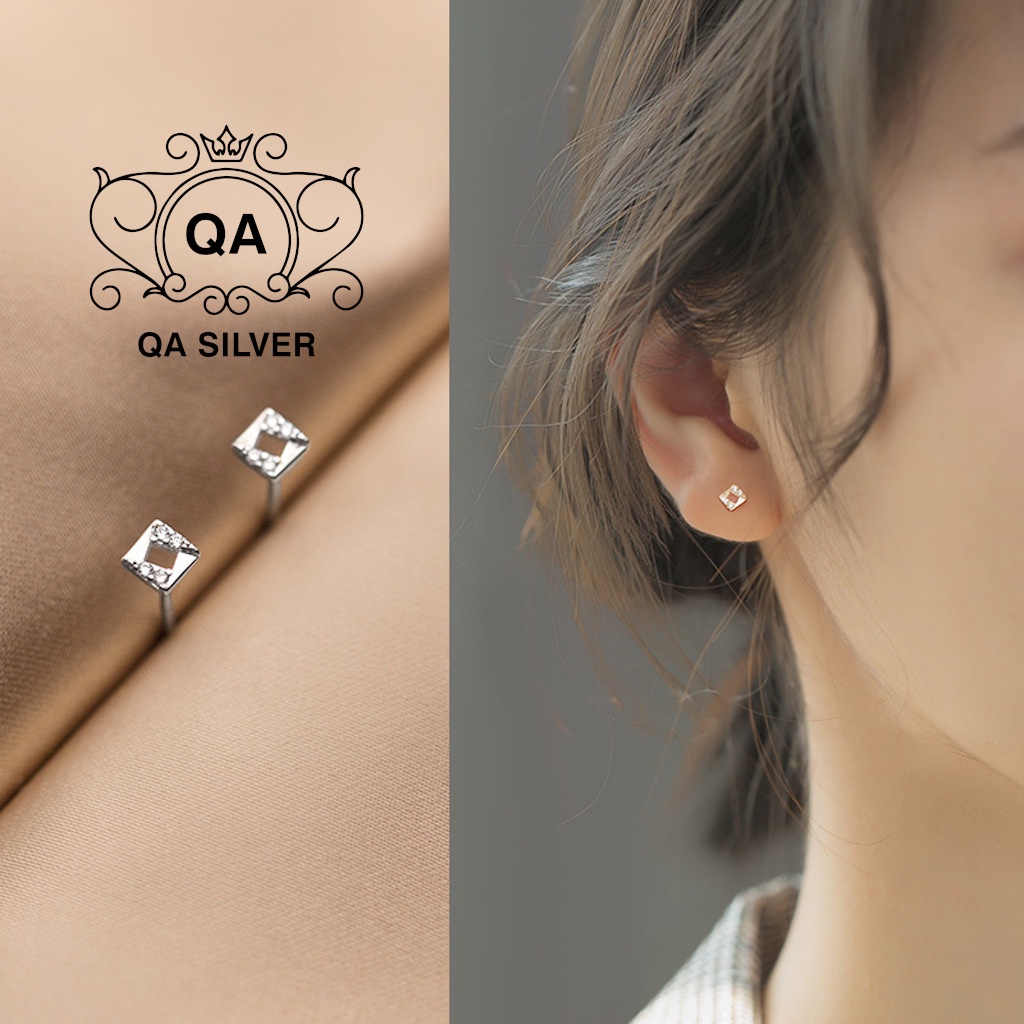 Khuyên tai bạc 925 vuông khảm đá nhỏ bông nam nữ hình học mini S925 SQUARE Silver Earrings QA SILVER EA220507