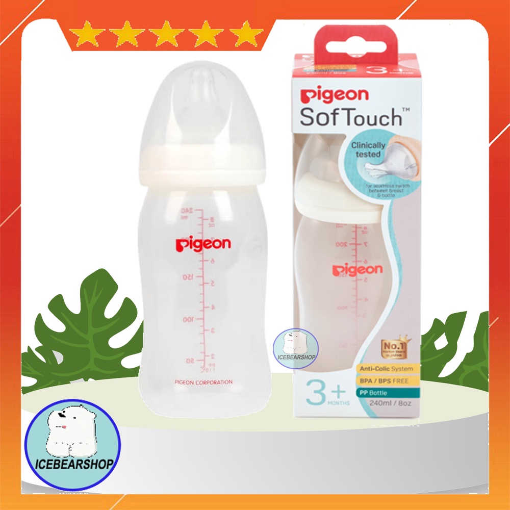 Bình sữa Pigeon cổ rộng 240ml PP Plus, núm đi kèm theo bình size M