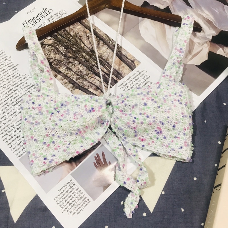 Bikini thủ công, handmade với sợi cotton mùa hè và poom nhiều sắc màu