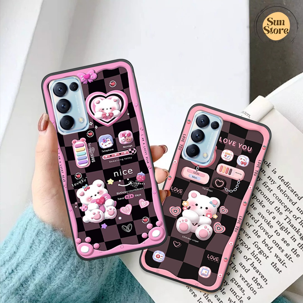 Ốp lưng Oppo Reno 5 - Reno 4 hoạ tiết 3D nền kẻ caro, gấu đáng yêu viền dẻo