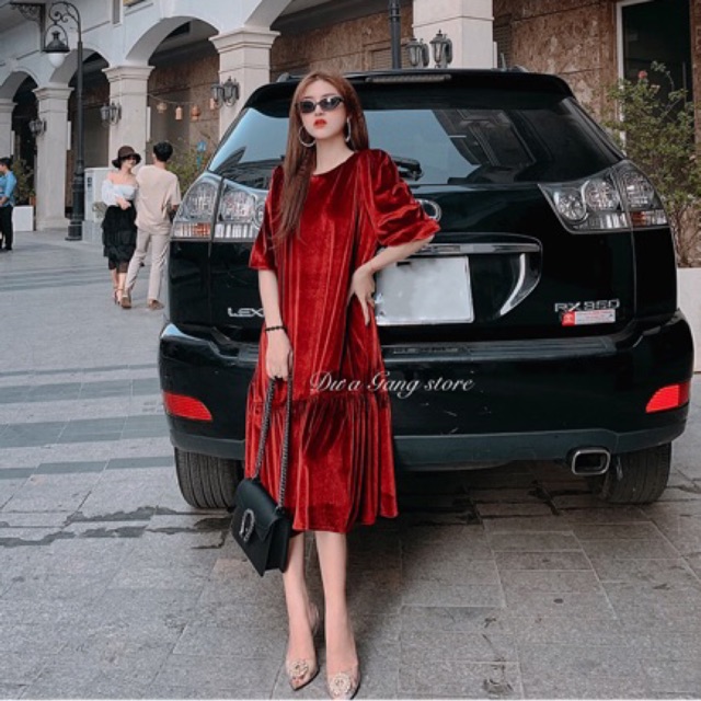 [Free ship] Đầm nhung đỏ Đầm dáng suông Dưa Gang store DFN01 sang chảnh cho quý cô sành điệu không bao giờ lỗi thời