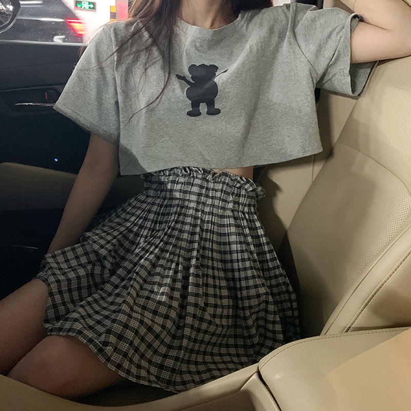 Set Áo Thun Ngắn Tay + Chân Váy Lưng Cao Họa Tiết Sọc Caro Thời Trang Mùa Hè