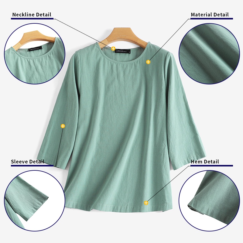 ZANZEA Áo Sơ Mi Cotton Tay Lỡ 3/4 Màu Trơn Cổ Tròn Thời Trang Dành Cho Nữ