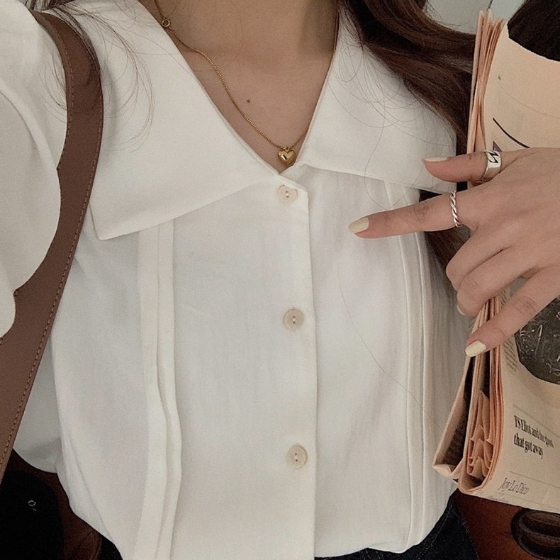 Linki ♧ Áo Sơ Mi Nữ Tay Ngắn Cổ Hải Quân Phong Cách retro Thời Trang Hàn Quốc
