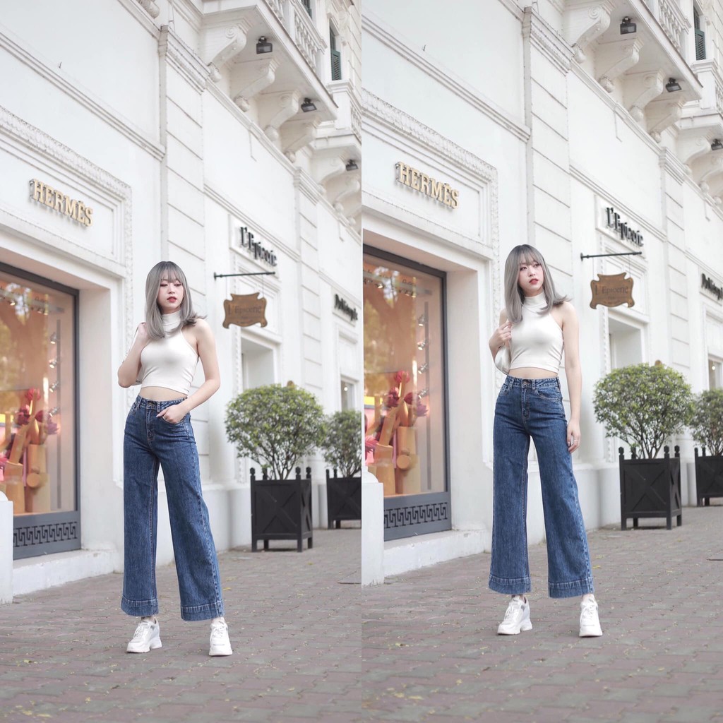 Quần jeans ống rộng 02 màu khói đá - kiểu gấu mới