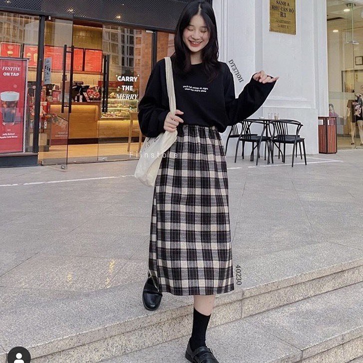 Chân váy dài chất dạ Quảng Châu dáng suông Chân váy kẻ chất dạ vintage phong cách Hàn Quốc CV12