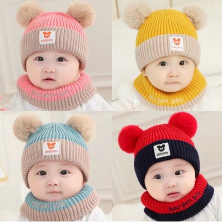 Nón len có hai quả bông kèm khăn cho bé cực đẹp từ 6 M- 3Y ĐỔI TRẢ FREE