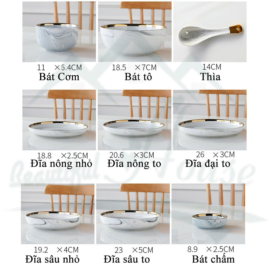 Set bát đĩa sứ Vân đá viền vàng phong cách Châu Âu