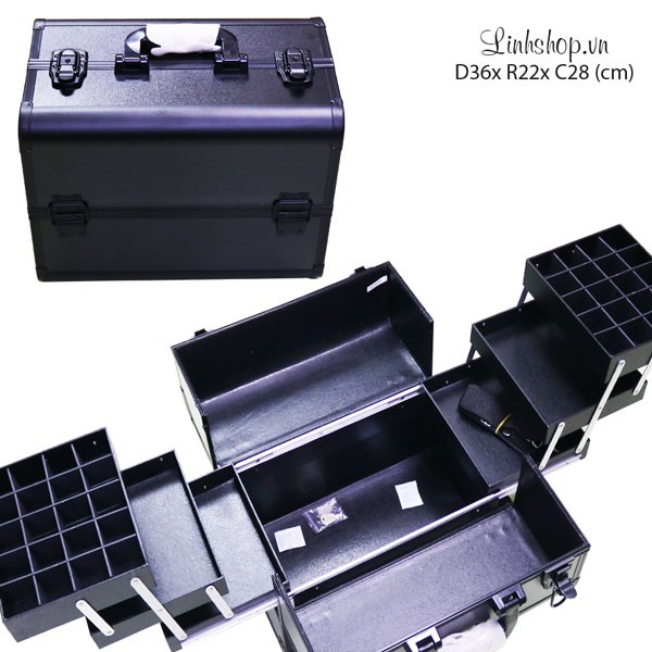 Cốp đựng đồ trang điểm chuyên nghiệp bằng nhựa cao cấp chống nước màu đen mâm chia ô vuông tháo rời được