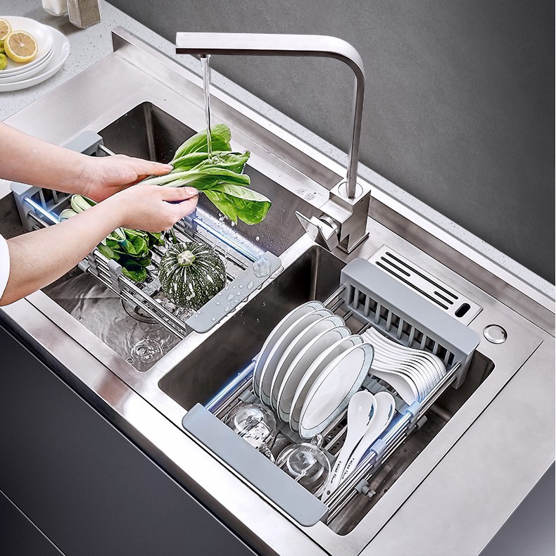 Kệ Inox Gác Bồn Rửa Bát Inox 304 Rút Gọn - Kệ Inox Rửa Chén, Úp Bát Đũa