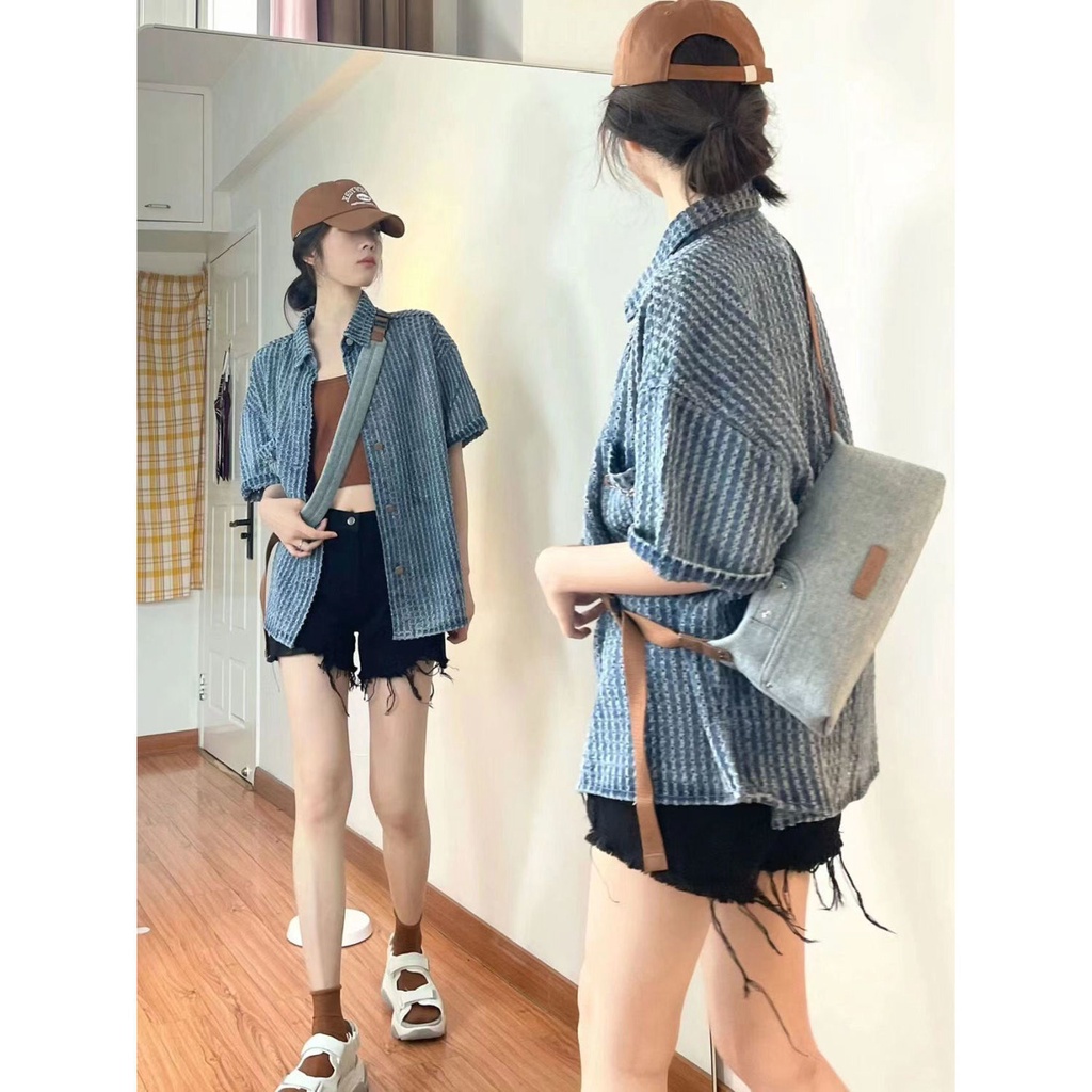 Áo Sơ Mi Denim Tay Ngắn Thời Trang Mùa Hè Phong Cách Hồng Kông Hàng Mới Cao Cấp Dành Cho Bạn Nữ 2022