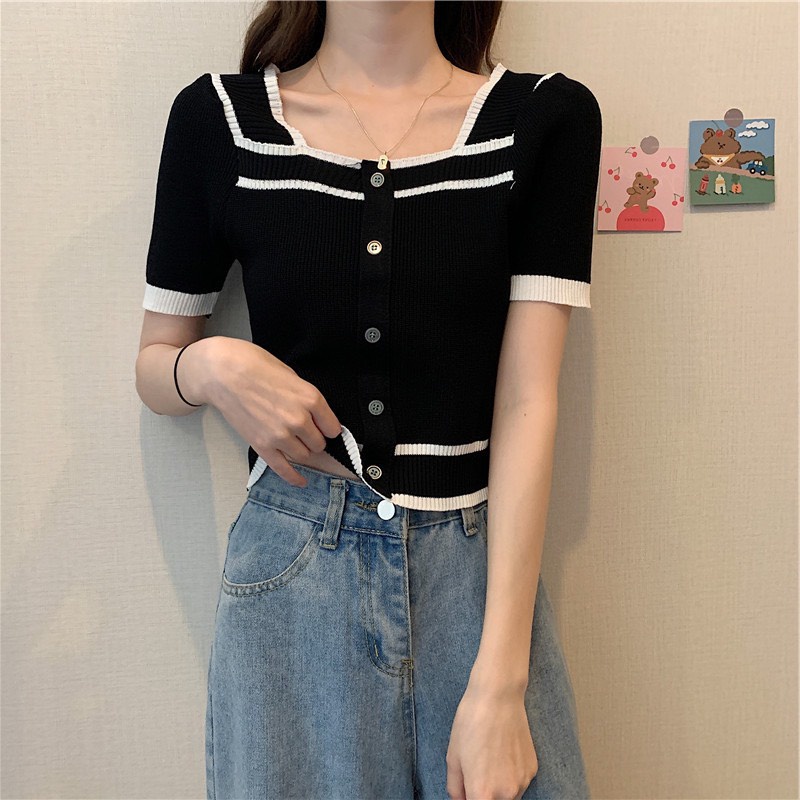 Áo Croptop Dệt Kim Đen Trắng Tay Ngắn Hàng Quảng Châu Cao Cấp Ailee