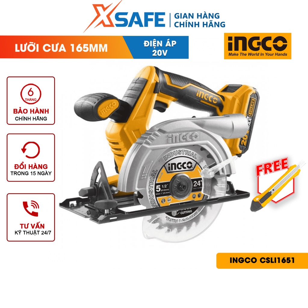 Máy cưa gỗ cầm tay dùng pin 20V INGCO CSLI1651 Máy cưa đĩa đường kính 165mm, tốc độ 3800rpm, khả năng cắt tối đa 55mm