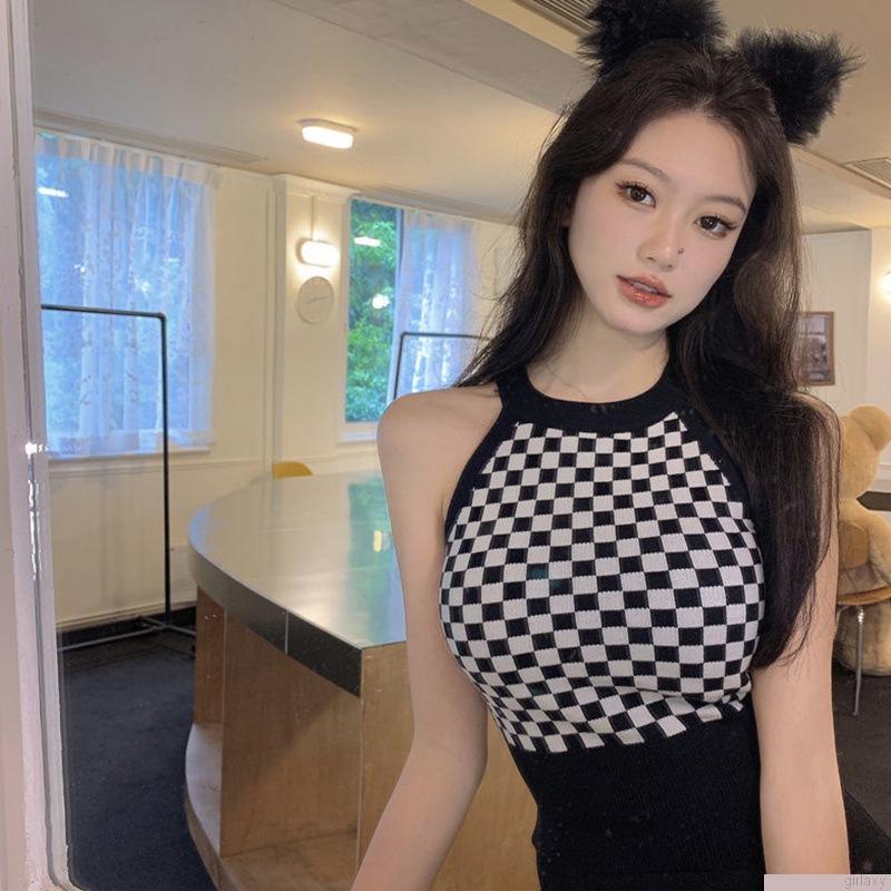 Áo croptop không tay họa tiết caro phong cách Hàn Quốc quyến rũ cho nữ