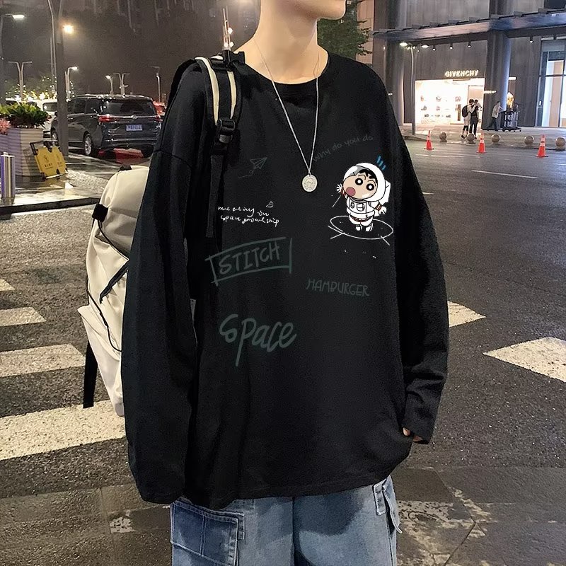 Áo Thun Tay Dài Cổ Tròn Dáng Rộng In Họa Tiết Hoạt Hình Phong Cách Hip Hop Hàn Quốc Thời Trang Cho Nam Size M-5XL