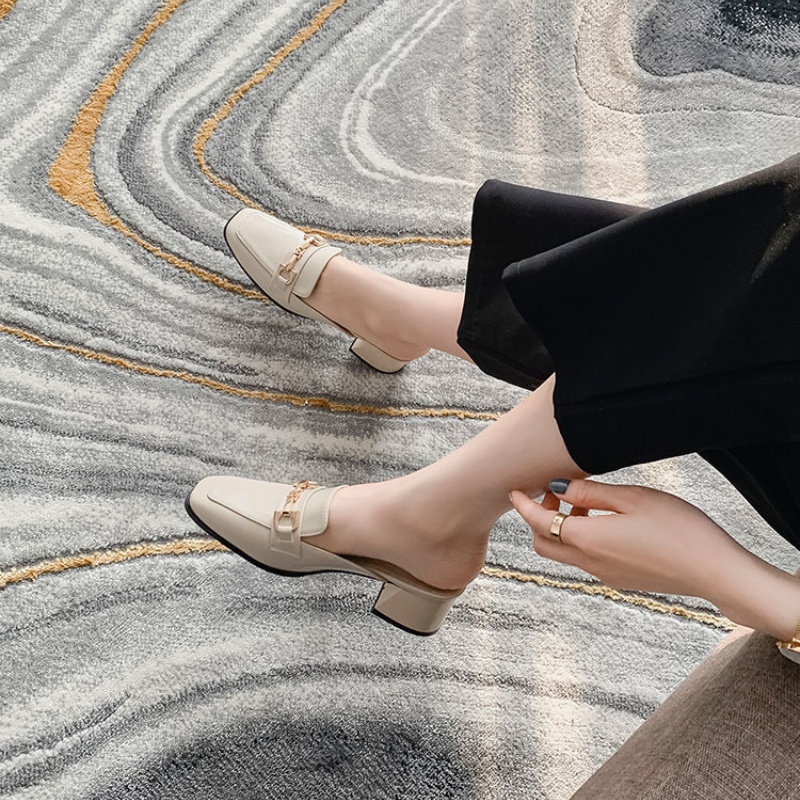 Dép cao gót nữ mũi nhọn hở gót phối dây cao 4.5cm Màu Be