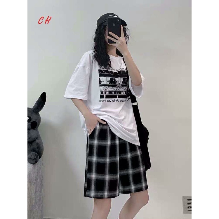 sét áo thun nam nữ in truyện tranh + quần đùi kẻ caro CH04