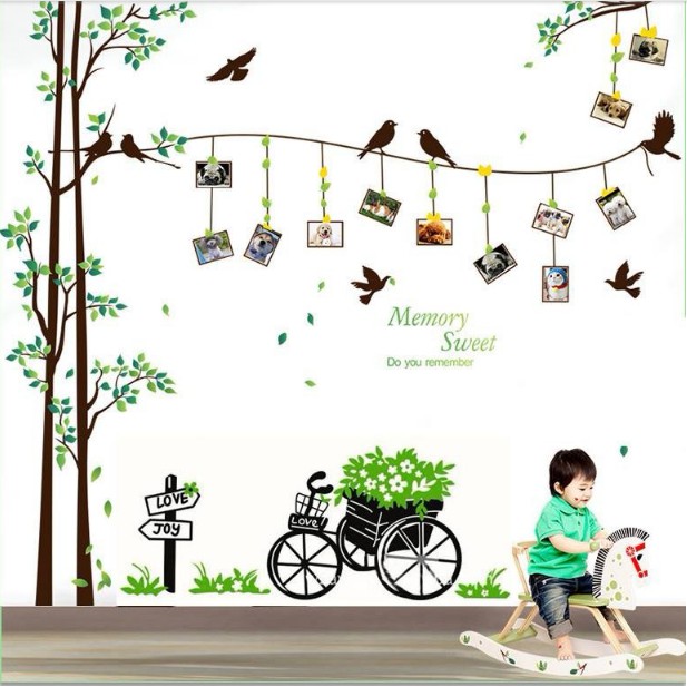 BỘ COMBO DECAL GHÉP ĐÔI TRANG TRÍ - Cây Khung hình kết hợp Xe đạp hoa ( 3 TẤM )