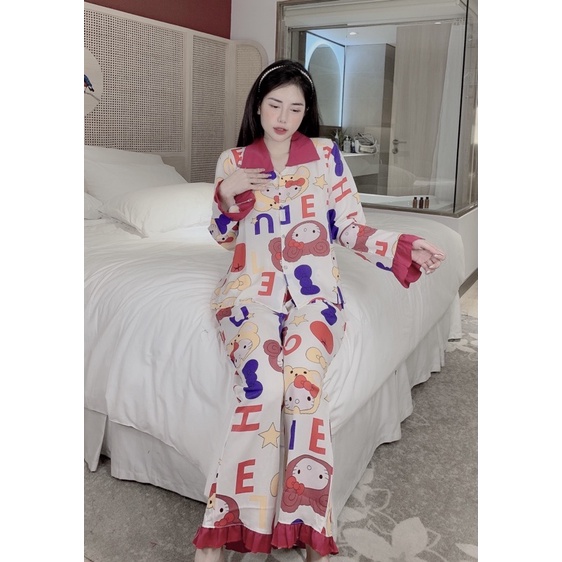 Bộ Pijama Lụa thiết kế cổ sen mặc nhà nữ siêu xinh, Chất lụa mango mềm mịn