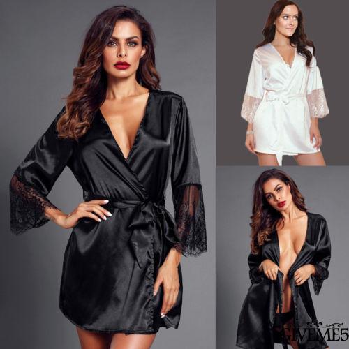 Áo choàng ngủ Kimono bằng lụa satin phối ren quyến rũ dành cho nữ