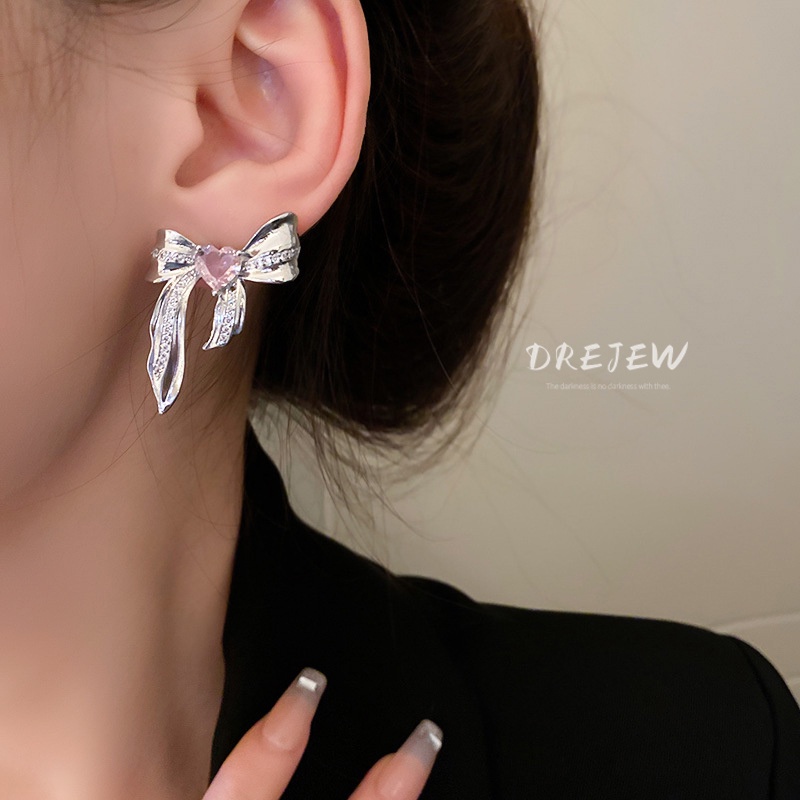 DREJEW Khuyên tai mạ bạc đính đá zircon trái tim tua rua phong cách baroque Hàn Quốc