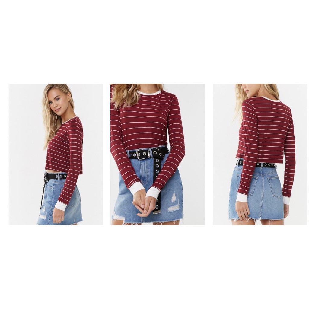 Áo Thun Croptop Cotton Lạnh F21 Đỏ Đô Sọc Trắng Dài Tay - 2089