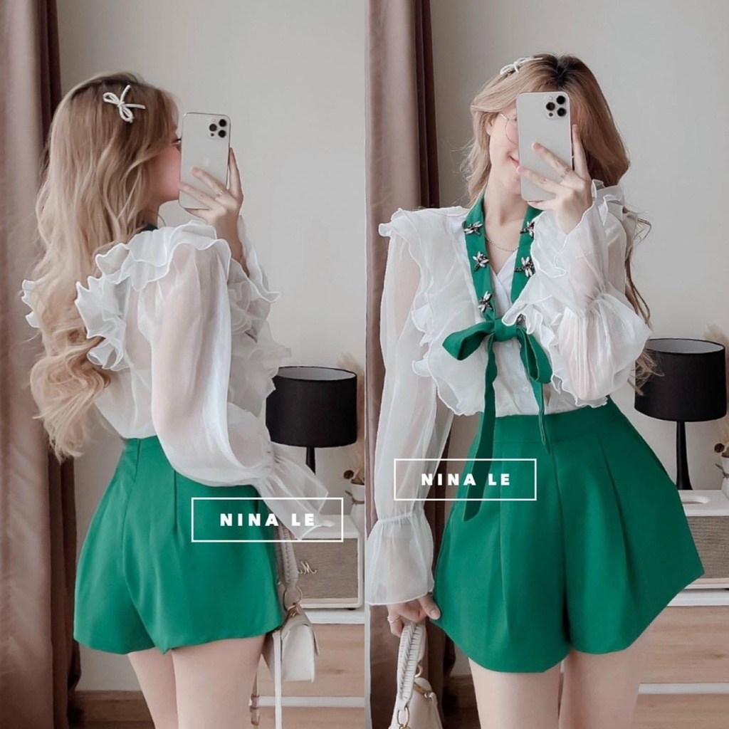 Sét áo tay dài bèo vai kèm quần phối nơ có đính ong họa tiết cổ thời trang nữ phù hợp mọi phong cách