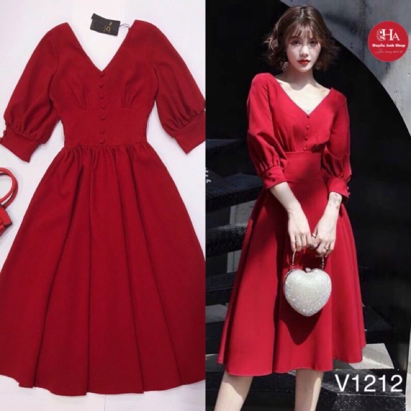 Váy cổ V tay bồng 2 màu đỏ trắng Thiết kế DVC