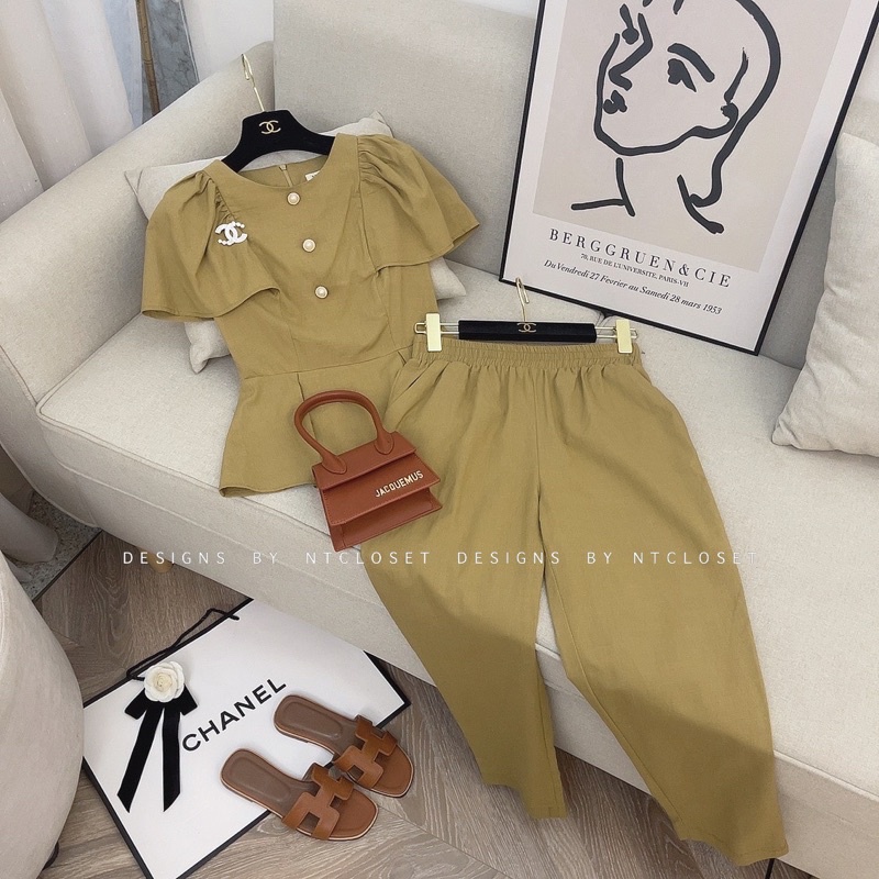 Set áo sơ mi khuy ngọc mix quần đũi lilen nt closet