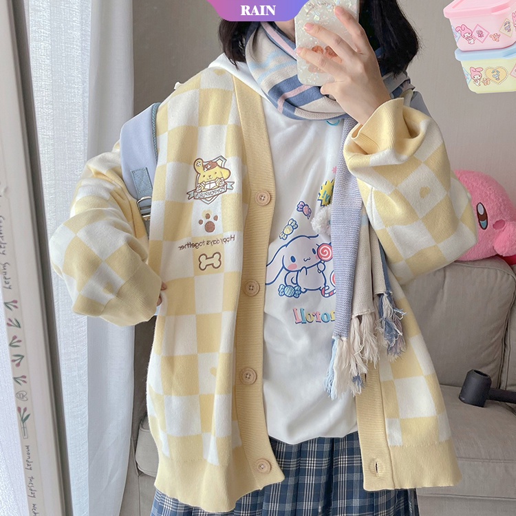 Áo Khoác Len Cardigan Dáng Rộng In Họa Tiết Hoạt Hình Sanrio Thời Trang Thu Đông Cho Nữ Sinh