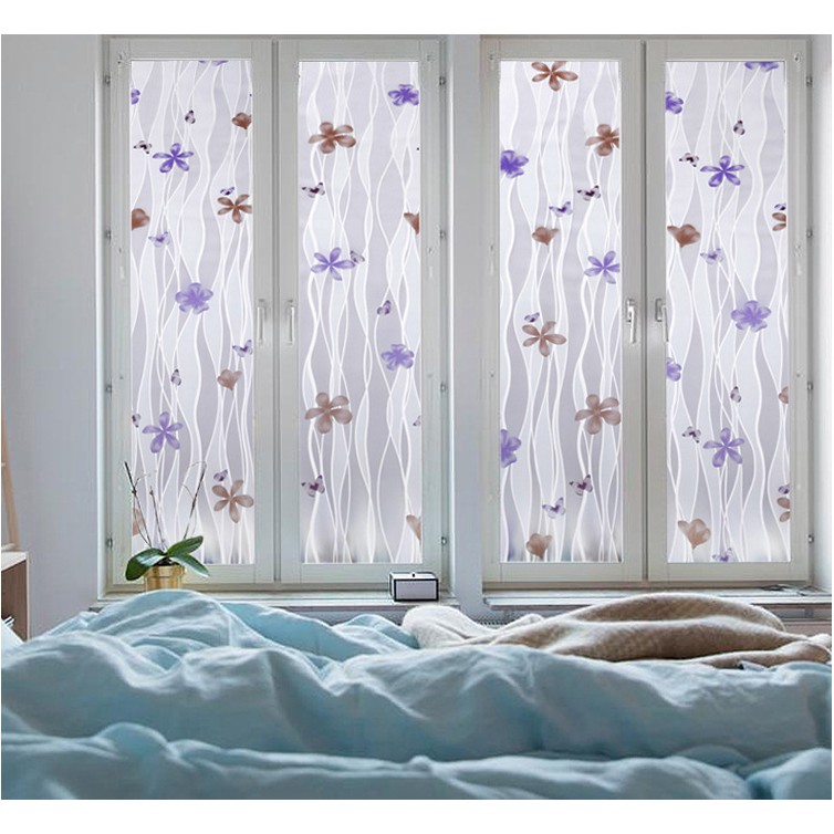 Decal dán kính hoa tím sọc dây khổ 45cm keo sẵn